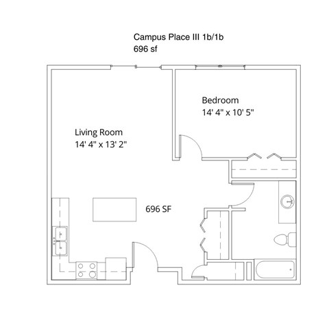 Floor plan for 1 bed, 1 bath, 696 sqft
